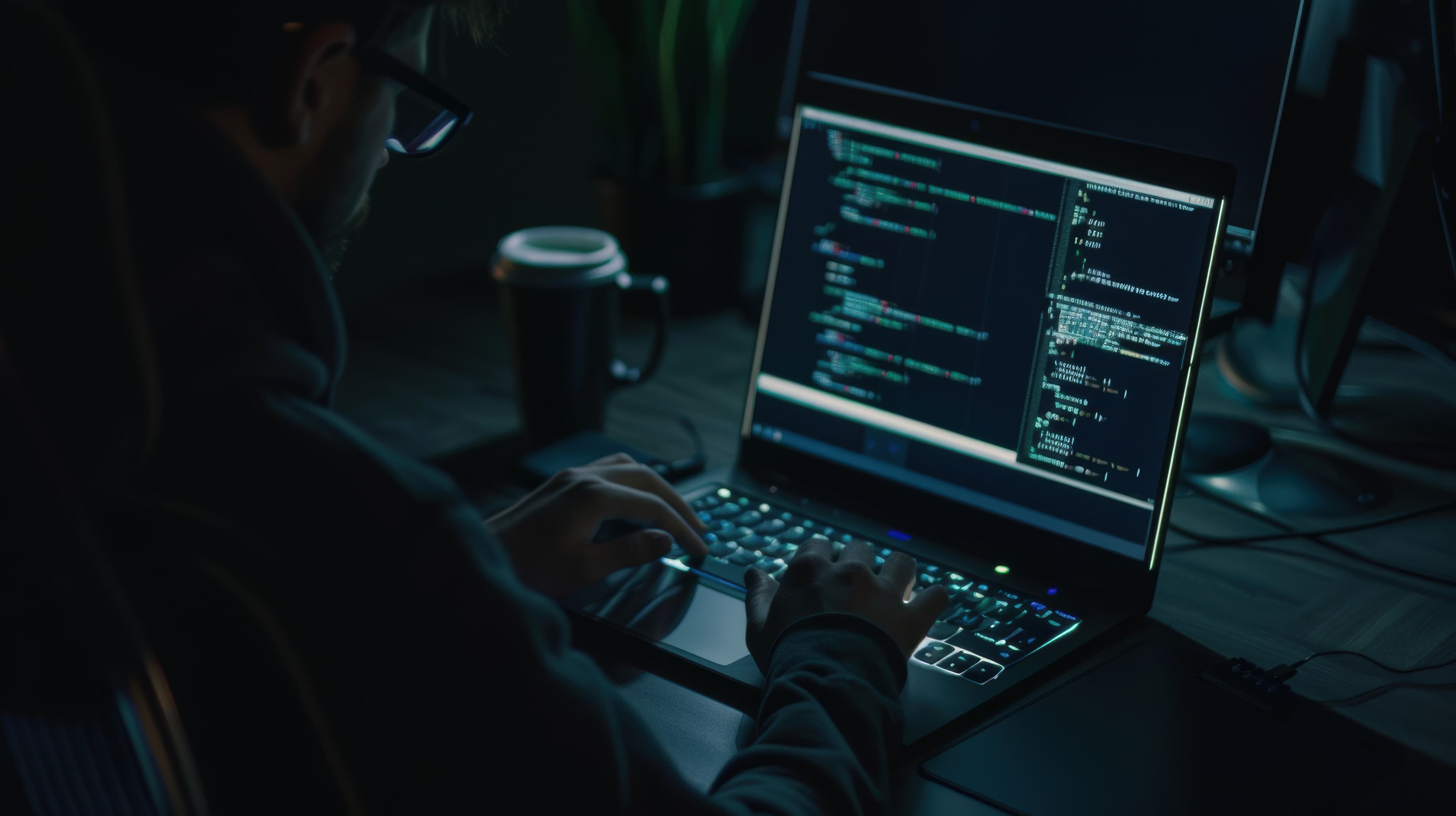 Persona trabajando en una laptop con código en pantalla.